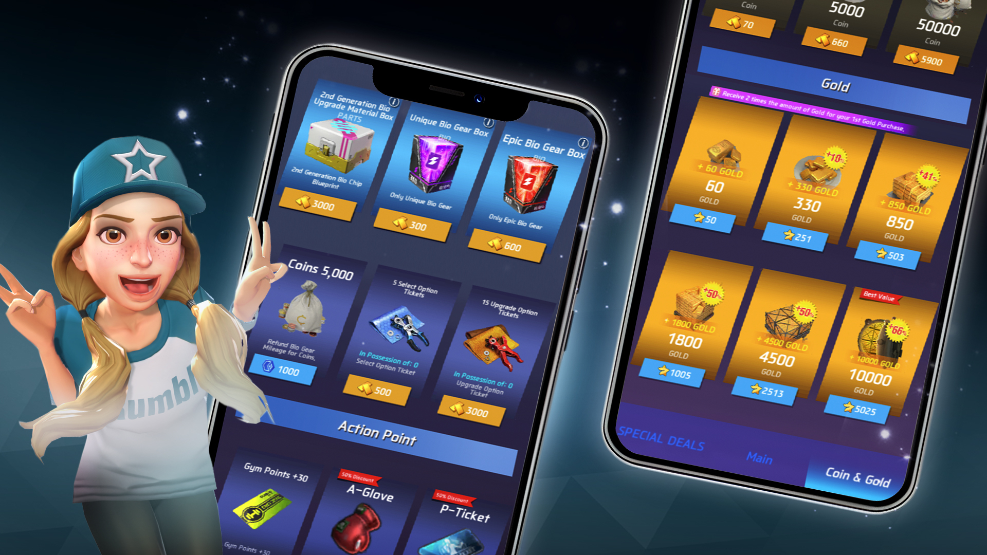 Emma with both of her hands in a peace sign with Shop products menu on 2 smartphones.