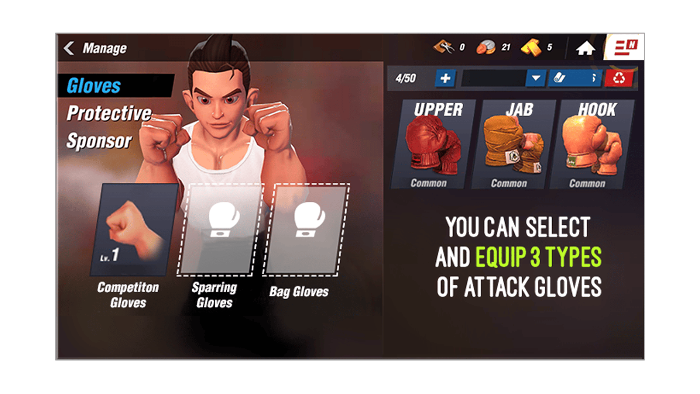Boxing Star X Glove Gear menu with text "You can select and equip 3 types of Attack Gloves".