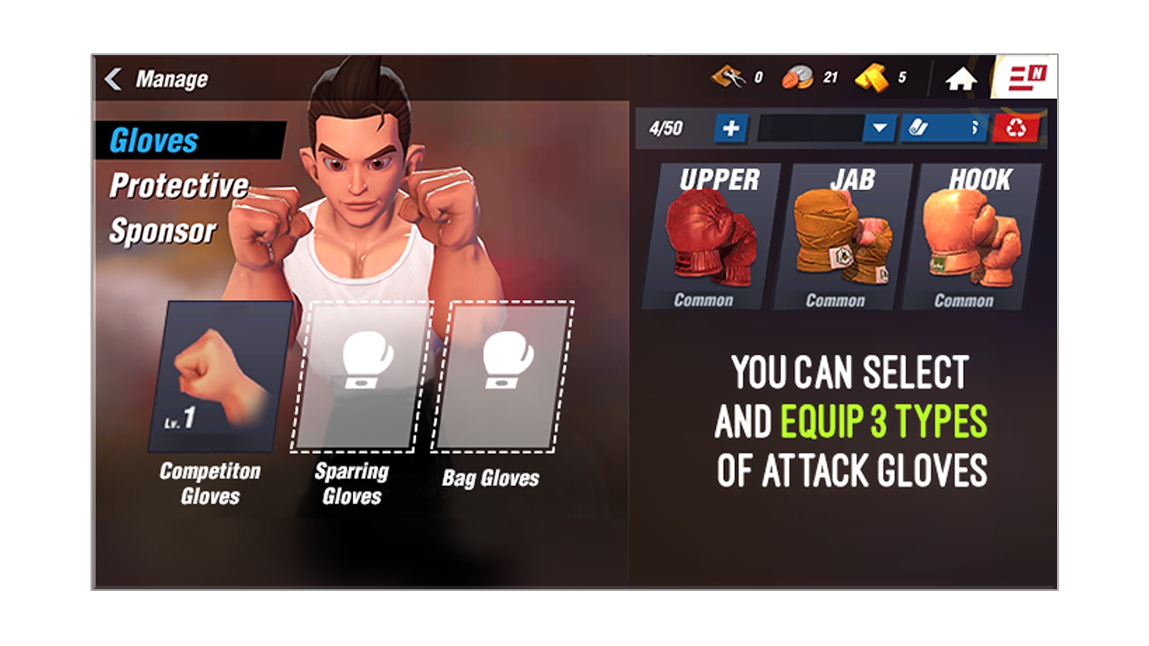Boxing Star X Glove Gear menu with text "You can select and equip 3 types of Attack Gloves".