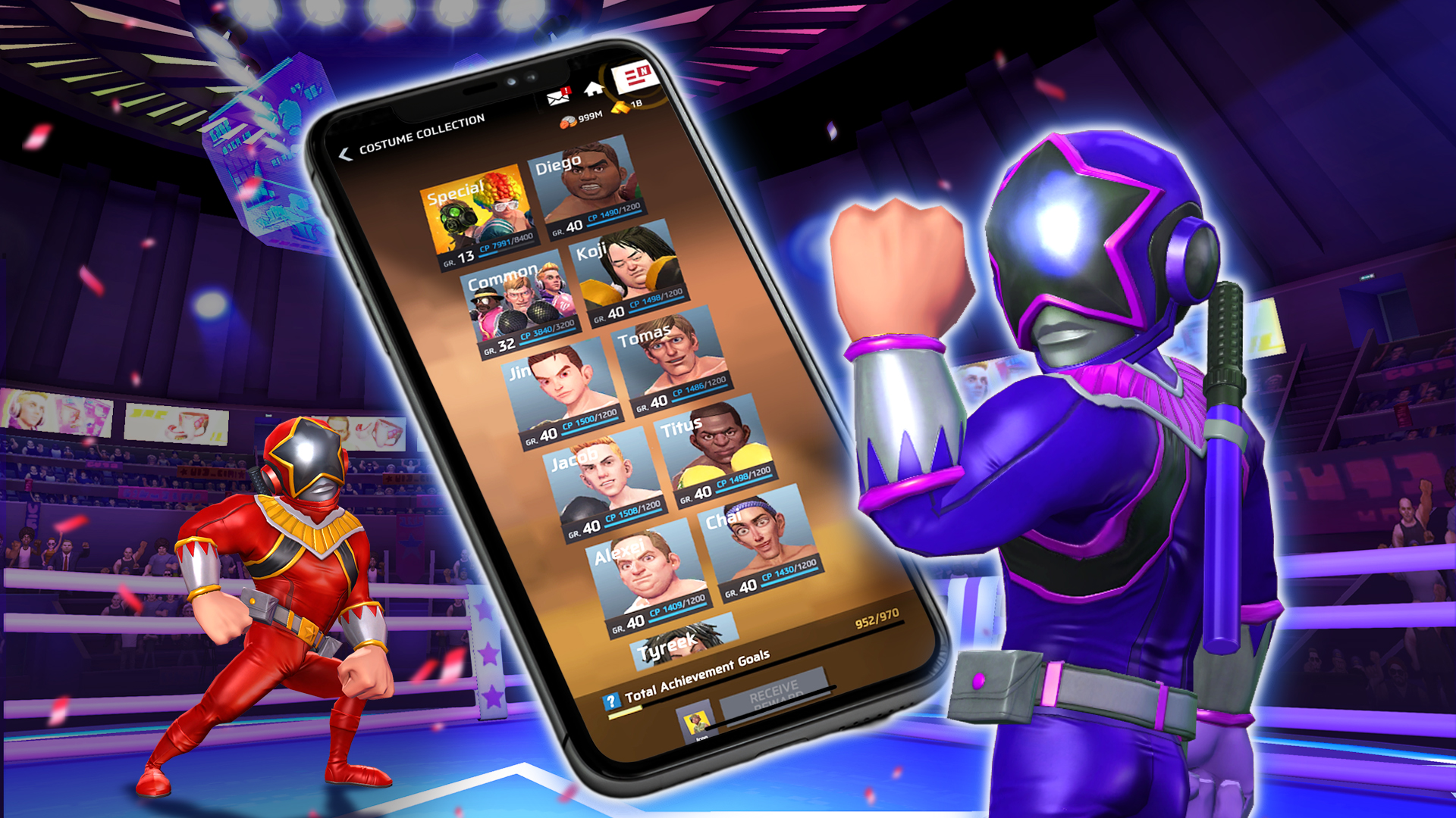 Costume Collection Menu on a smartphone with 2 Power Ranger-type fighters in the ring.