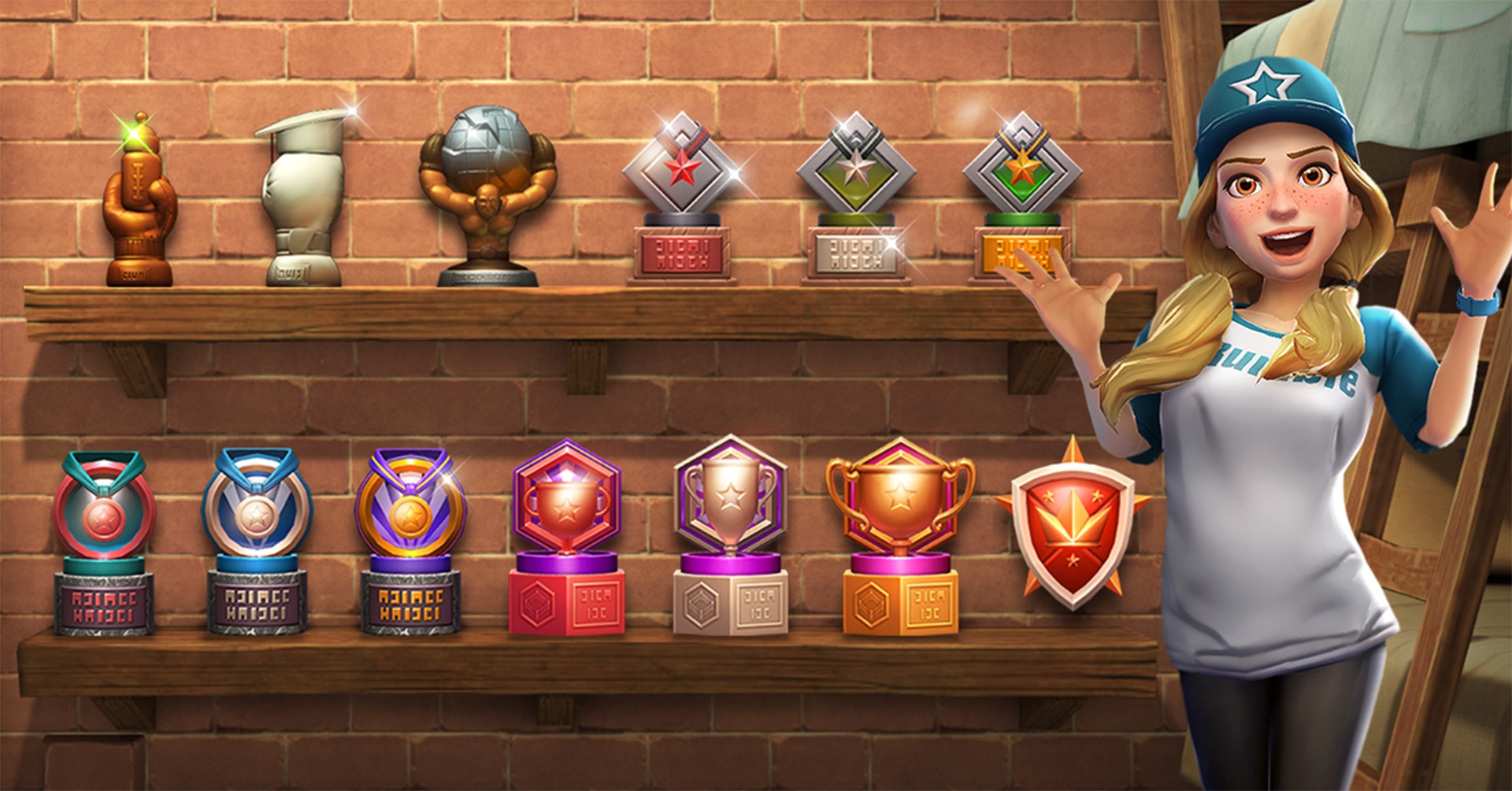 Emma with a happy expression in the Trophy Room with all of the available Trophies on display.