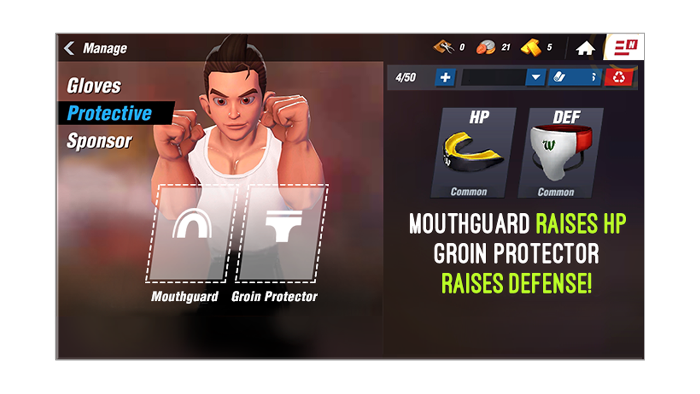 Boxing Star X Protective Gear menu with text "Mouthguard raises HP, Groin Protector raises Defense!"
