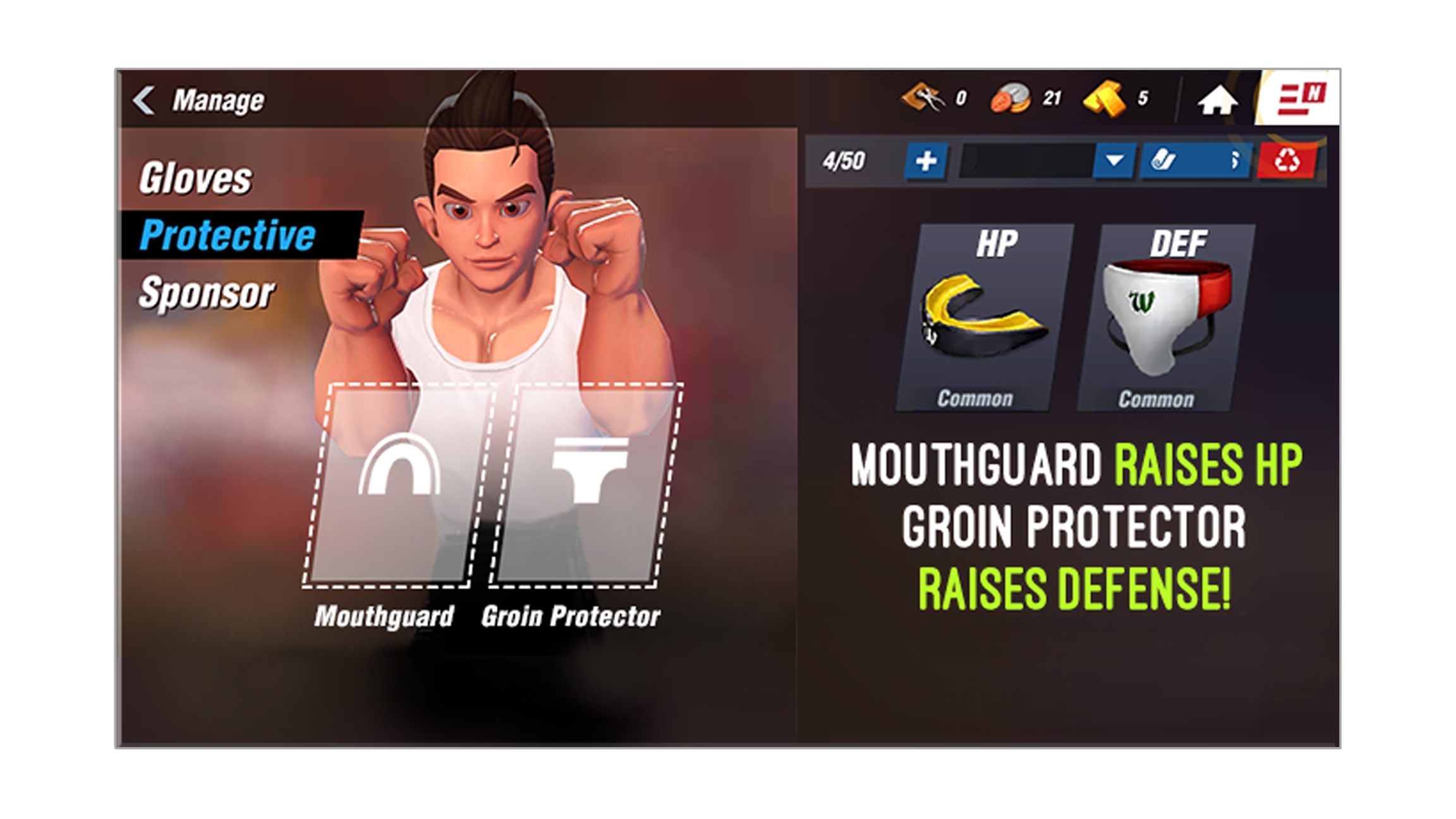 Boxing Star X Protective Gear menu with text "Mouthguard raises HP, Groin Protector raises Defense!"