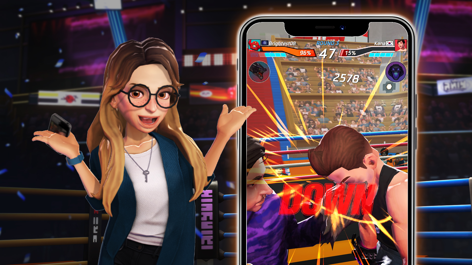 Emma showing an in-game screen of a PvP League Match. Durov is punching Jin, knocking him down. DP & HP is being displayed.